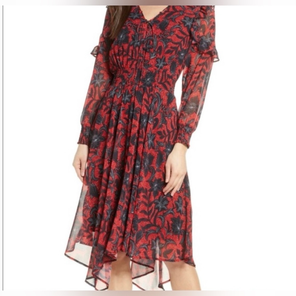 Sam Edelman Women's Floral Red and Black Asymmetrical‎ Midi Dress Size 8